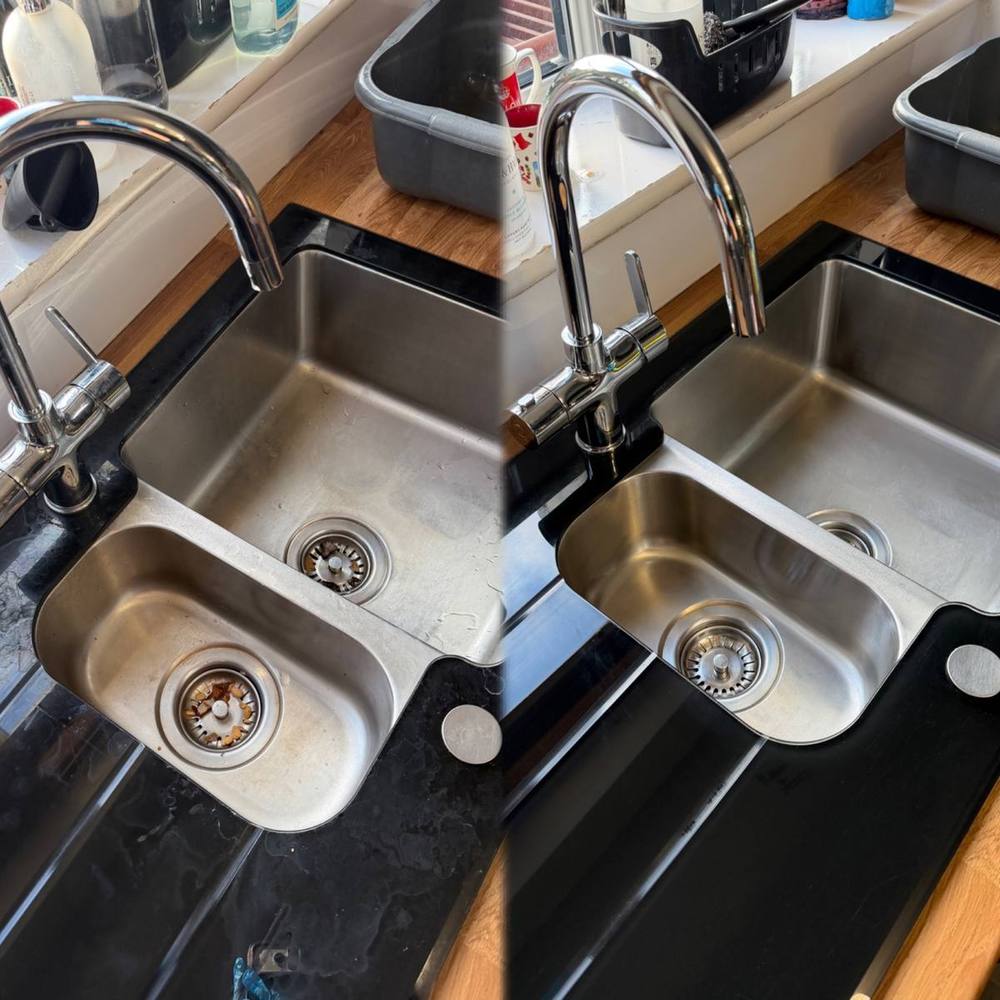 Kitchen sink before and after a Sparkling Clean visit